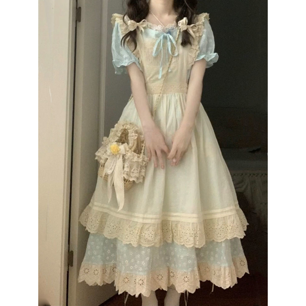 F & X Dress ฤดูร้อน สไตล์ยุโรป สแควร์คอแขนสั้น ลายดอกไม้ สำหรับนักเรียนหญิง