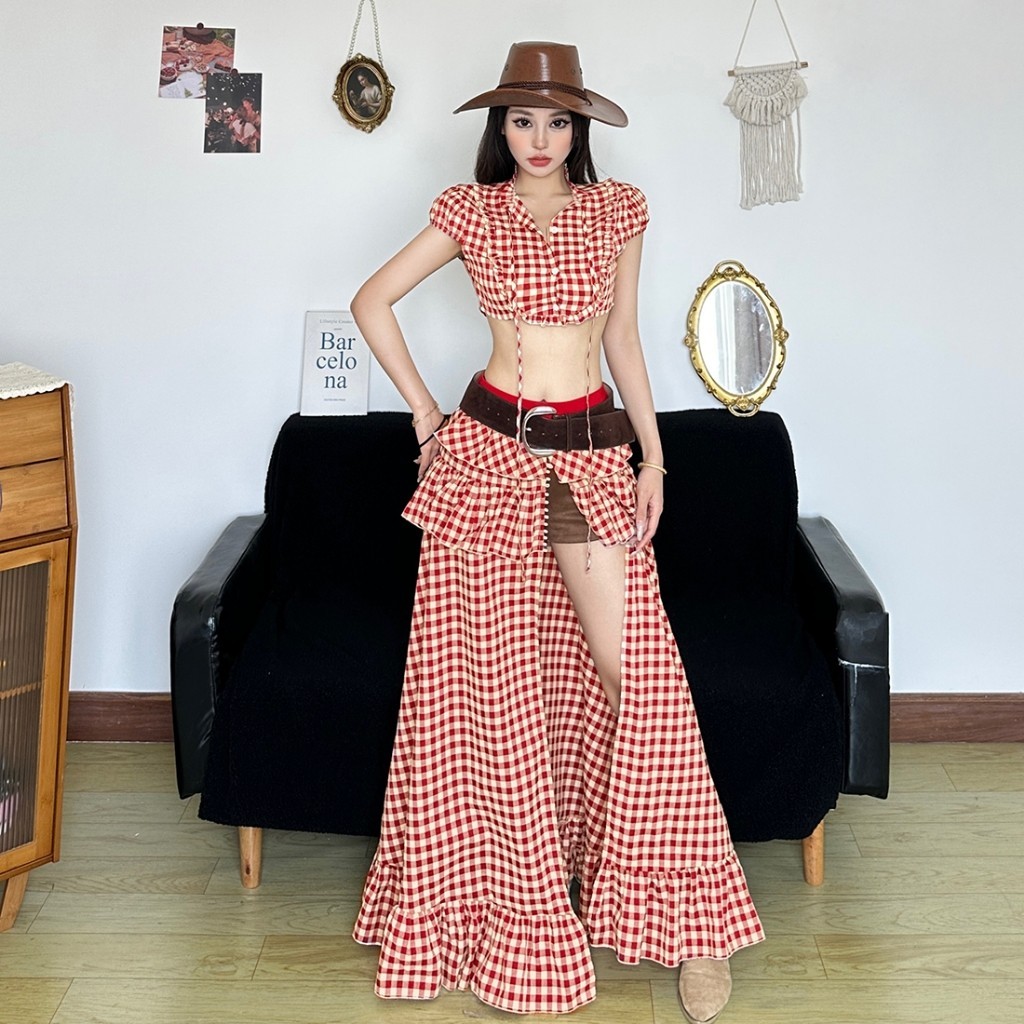 Kliou แฟชั่นการพิมพ์ตาราง 2 ชิ้นชุดรอบคอ Ruched Navel สัมผัส Mini Tops + Patchwork แฉกกระโปรงผู้หญิงเซ็กซี่ร้อน Chick สไตล์