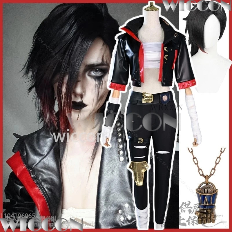 Vi V อะนิเมะ Arcane S2 คอสเพลย์เครื่องแต่งกายเกม LOL หนังสีดํากางเกงวิกผมสาวผู้หญิงเซ็กซี่ฮาโลวีน Pa