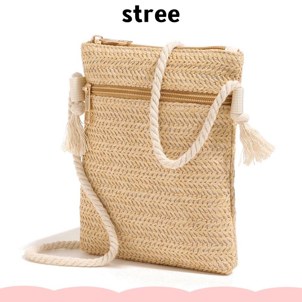 STREE กระเป๋าสะพายข้างทรงสี่เหลี่ยม ทำจากฟางทอ พร้อมช่องใส่โทรศัพท์ กระเป๋าผู้หญิง