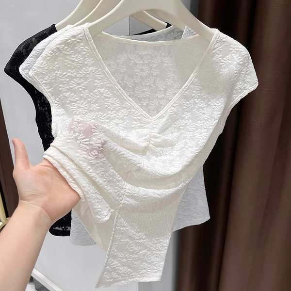frenchy top สตรีทแฟชั่น เสื้อยืดลูกไม้คอวีสีขาวเสื้อเบลเซอร์ฤดูร้อนสำหรับผู้หญิงเสื้อกล้ามแขนกุดสไตล