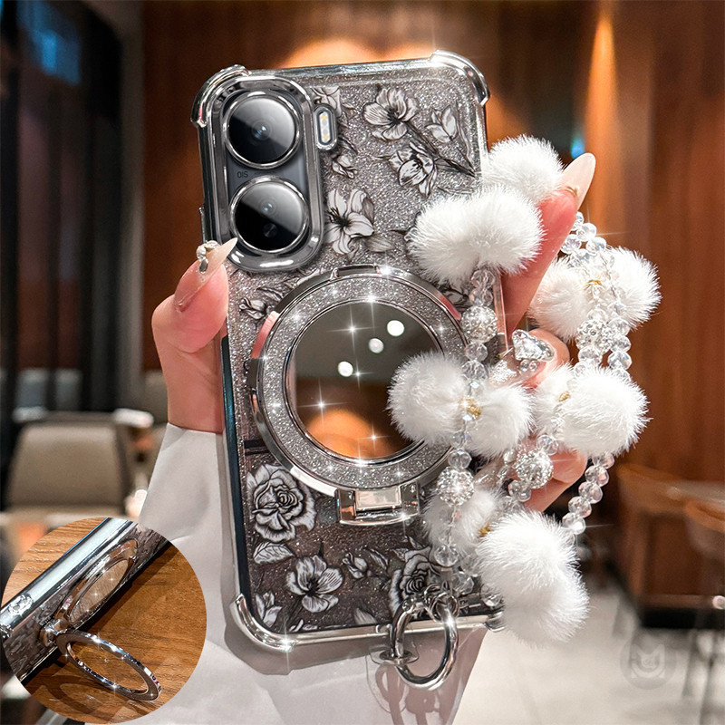 SAMSUNG ปลอกสําหรับSamsung Galaxy S25 S24 S23 S22 Ultra S24 S25 Plus S25Edge S24FE S25FE Blingกระจกผู้ถือนุ่มเคสโทรศัพท์พร้อมสร้อยข้อมือโซ่