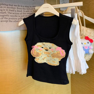 #476 เสื้อกั๊กแขนสั้น ดีไซน์การ์ตูนน่ารักลายลูกสุนัข พร้อมแผ่นฟองน้ำหน้าอก ยืดหยุ่น สไตล์เกาหลี สุดน่ารัก ราคาถูก