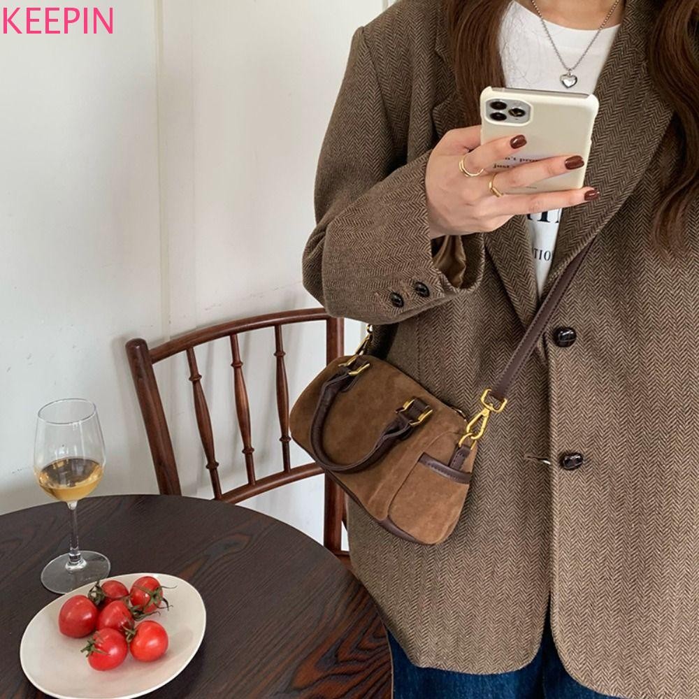 Keepin Faux Suede กระบอก, ซิปสไตล์เกาหลี Boston Crossbody Bag, แฟชั่น Casual Y2K สีทึบกระเป๋าถือผู้หญิง Lady