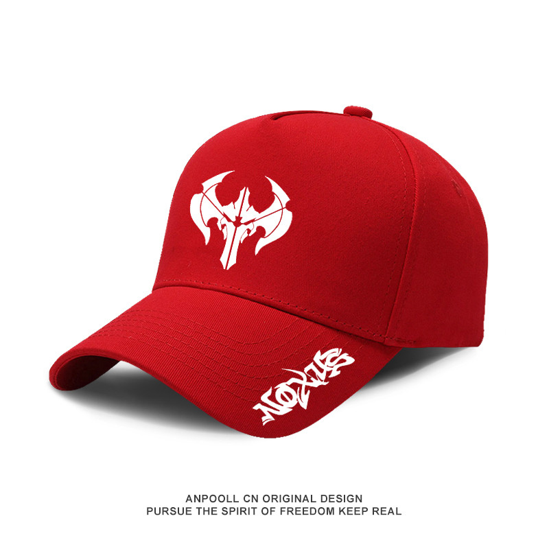 หมวกเบสบอลและหมวกลิ้นเป็ดพร้อมโลโก้ Noxus และมือกำปั้นจาก League of Legends