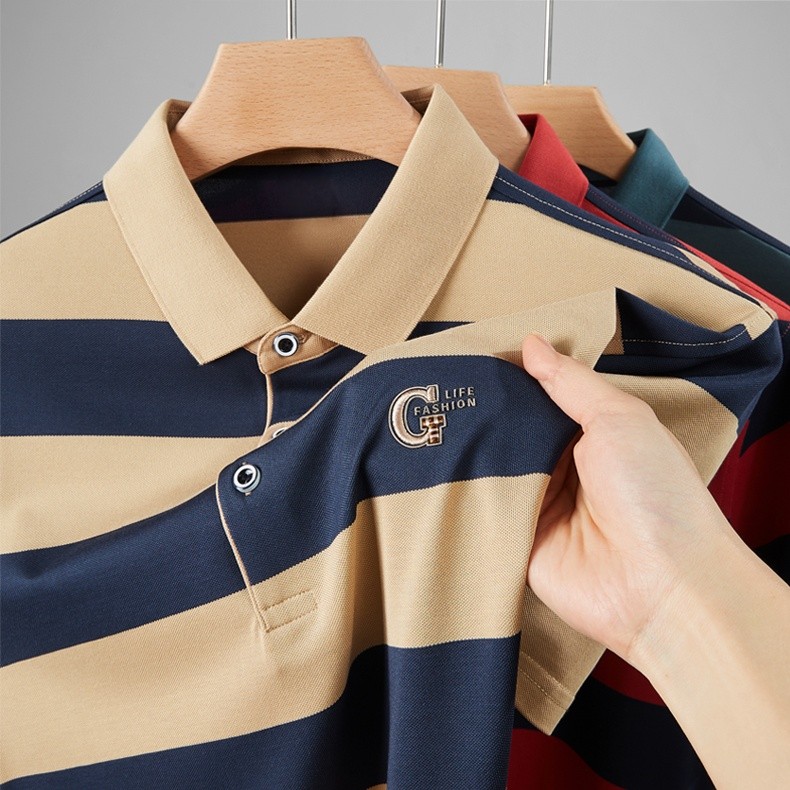 Chaistyle - เสื้อโปโลผู้ชาย ธุรกิจ ลายทาง เสื้อคอปก ใส่สบาย สีต่อ สันทนาการ