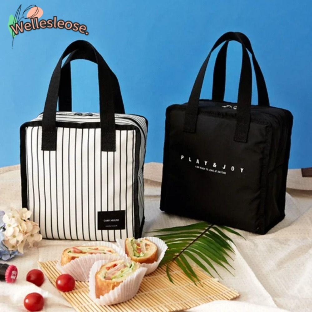 WELLE Stripe Lunch Bag, กระเป๋าเก็บความร้อนแบบฉนวนผ้าความจุขนาดใหญ่, กล่องเก็บความเย็นเก็บอาหารสดแบบพกพา
