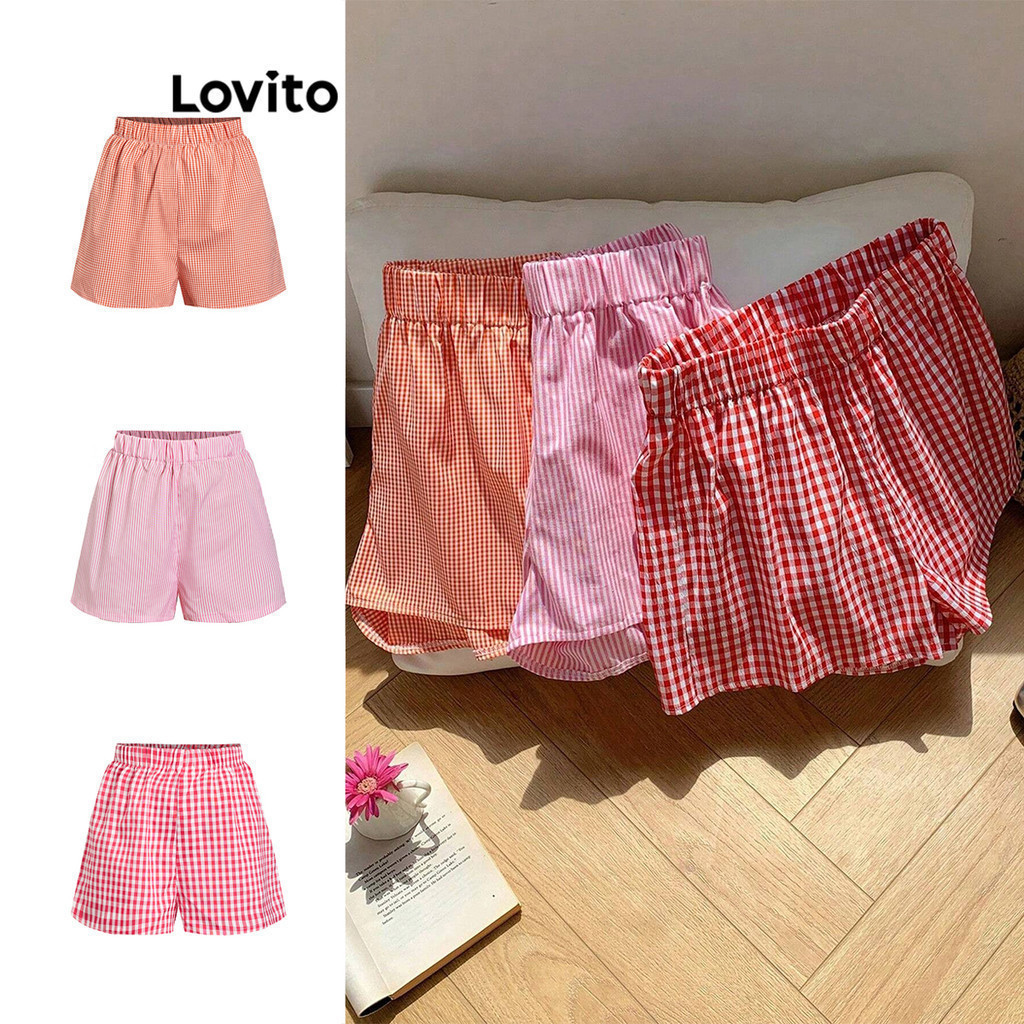 (Trendy) Lovito โบโฮ กางเกงขาสั้นฤดูร้อน/ฤดูใบไม้ผลิพื้นฐานลายสก๊อตสําหรับผู้หญิง LBL15341 ราคา ถูกที่สุด ดีลบีเคเค แกลเลอรีภาพที่ 2