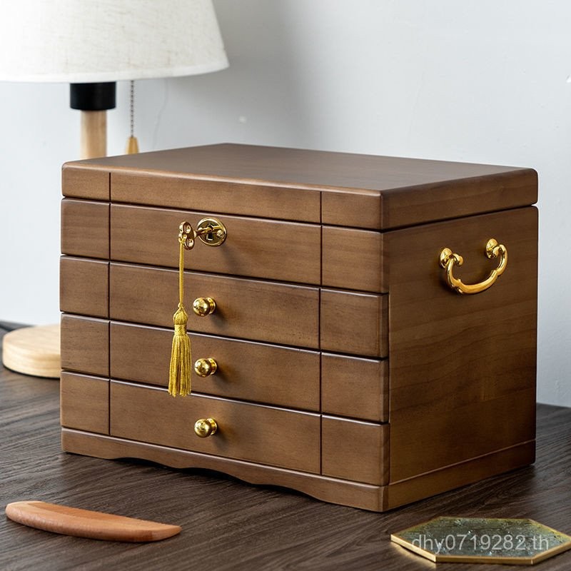 ไม้ High-End เครื่องประดับต่างหูไม้ Retro ล็อคกล่องเก็บไม้เนื้อแข็งกล่องเครื่องประดับสร้อยคอขนาดใหญ่
