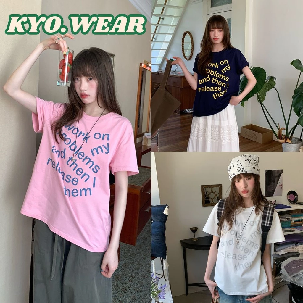 KYO 🌸 เกาหลีสไตล์ ผู้หญิง เสื้อยืด พิมพ์ลาย"WORK ON MY PROBLEMS"ผ้าCOTTON โคตรนุ่ม ผ้าฝ้ายใส่สบาย OVERSIZE ส่งจากไทย
