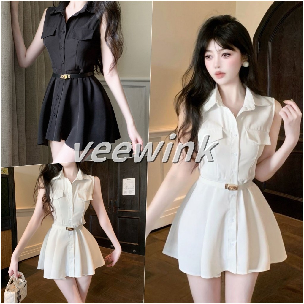 Veewink พร้อมส่งจากกทม ชุดเดรสคอโปโลแขนกุด มีเข็มขัด ทรงกระชับเอว สไตล์สาวนักศึกษา แนวฝรั่งเศส ใส่ดูอ่อนวัย
