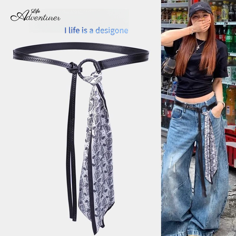 ผ้าพันคอนุ่มนวลพร้อมเข็มขัดเอวสำหรับหญิง สไตล์ Hip-Hop Punk Retro ตกแต่งได้ดีกับกางเกงยีนส์