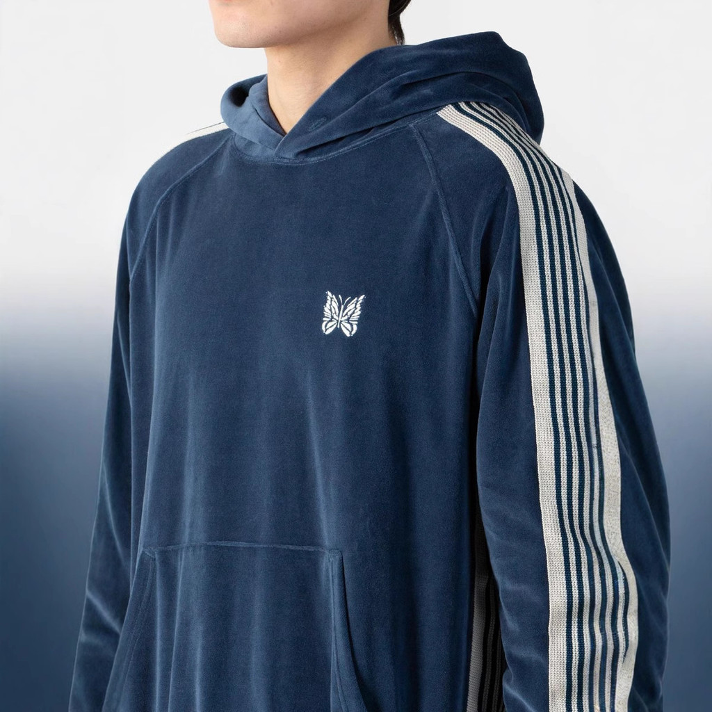 NEEDLES TRACK เสื้อกันหนาวมีฮู้ดกํามะหยี่ผีเสื้อริบบิ้นซอกคู่หลวม