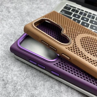 SAMSUNG สีดํารังผึ้งBreathableกระจายความร้อนขอบนุ่มFrostedเหมาะสําหรับSamsung s25ultra S23 S24 S25 Ultraเคสโทรศัพท์เลนส์โลหะS23 S24 S25 plus high-end