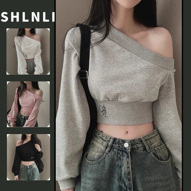 เสื้อผู้หญิงแขนยาวแบบมินิมอลบาง สำหรับฤดูใบไม้ผลิและใบไม้ร่วง เอวปิดไหล่สั้น สีทึบ สามารถสวมได้หลายโอกาส