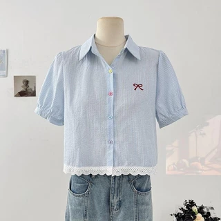 Dahong W635 เสื้อเชิ้ตแขนสั้นผู้หญิงน่ารักๆ oversize ปักโบว์แดง ผ้าคัตตอน เสื้อผ้าแฟชั่นสไตล์เกาหลี