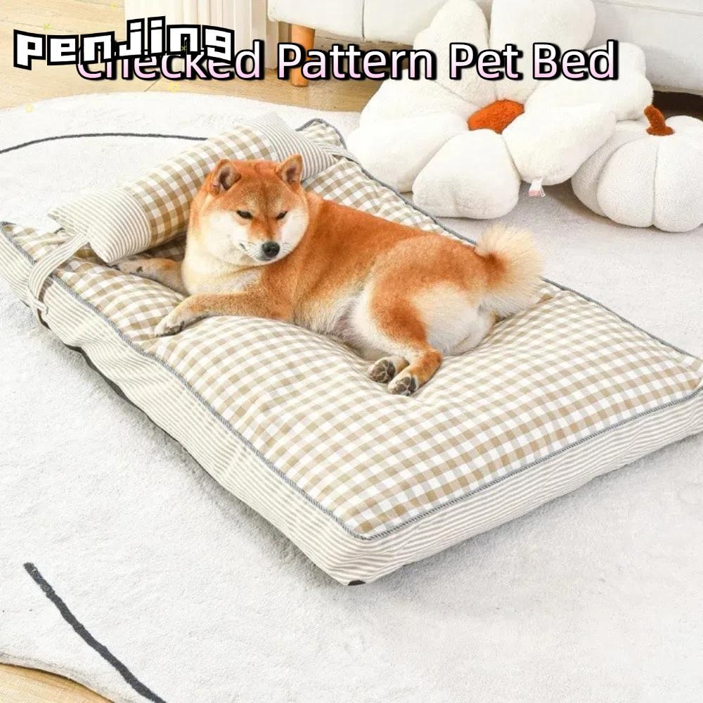 PENJING Puppy Kennel Mat, Cozy Warm Checked Pattern Pet Cat Bed, Khaki Green with Pillow Puppy Mat f