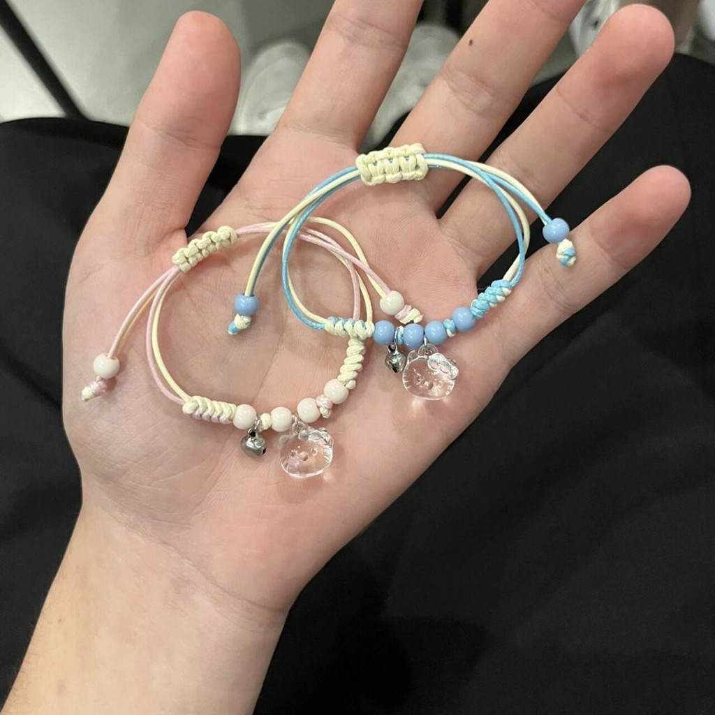 Pre-Sale ขายร้อน HelloKitty น่ารัก Handmade สร้อยข้อมือสีชมพู Hello Kitty ส่งแฟนสร้อยข้อมือถักนักเรียนคู่ของขวัญคุณภาพสูงบริการ