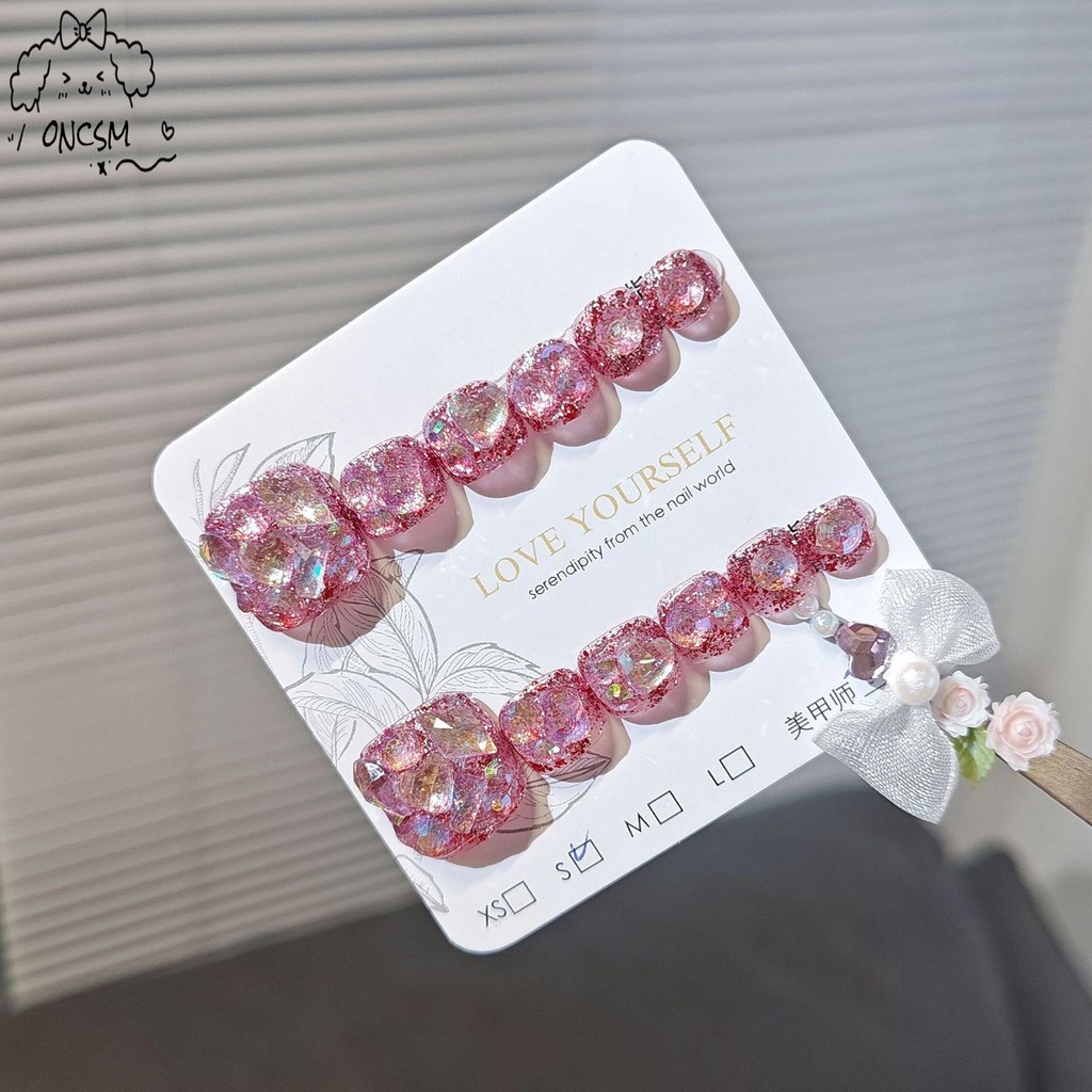 10 ชิ้น Full Glitter Decor กดบนเล็บเท้าน้ําหนักเบาและง่ายต่อการติดเล็บปลอมสําหรับช้อปปิ้งเดินทางออกเดท