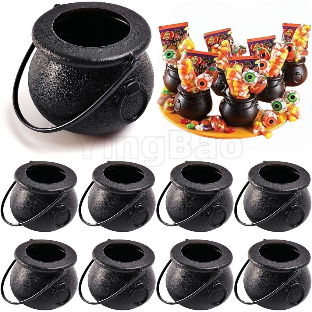 มินิพลาสติก Cauldron,12 ชิ้นแม่มด Calderon หม้อถังสีดําพร้อมที่จับ,สําหรับเด็กรักษาหรือเคล็ดลับผู้ถือขนมฮาโลวีน