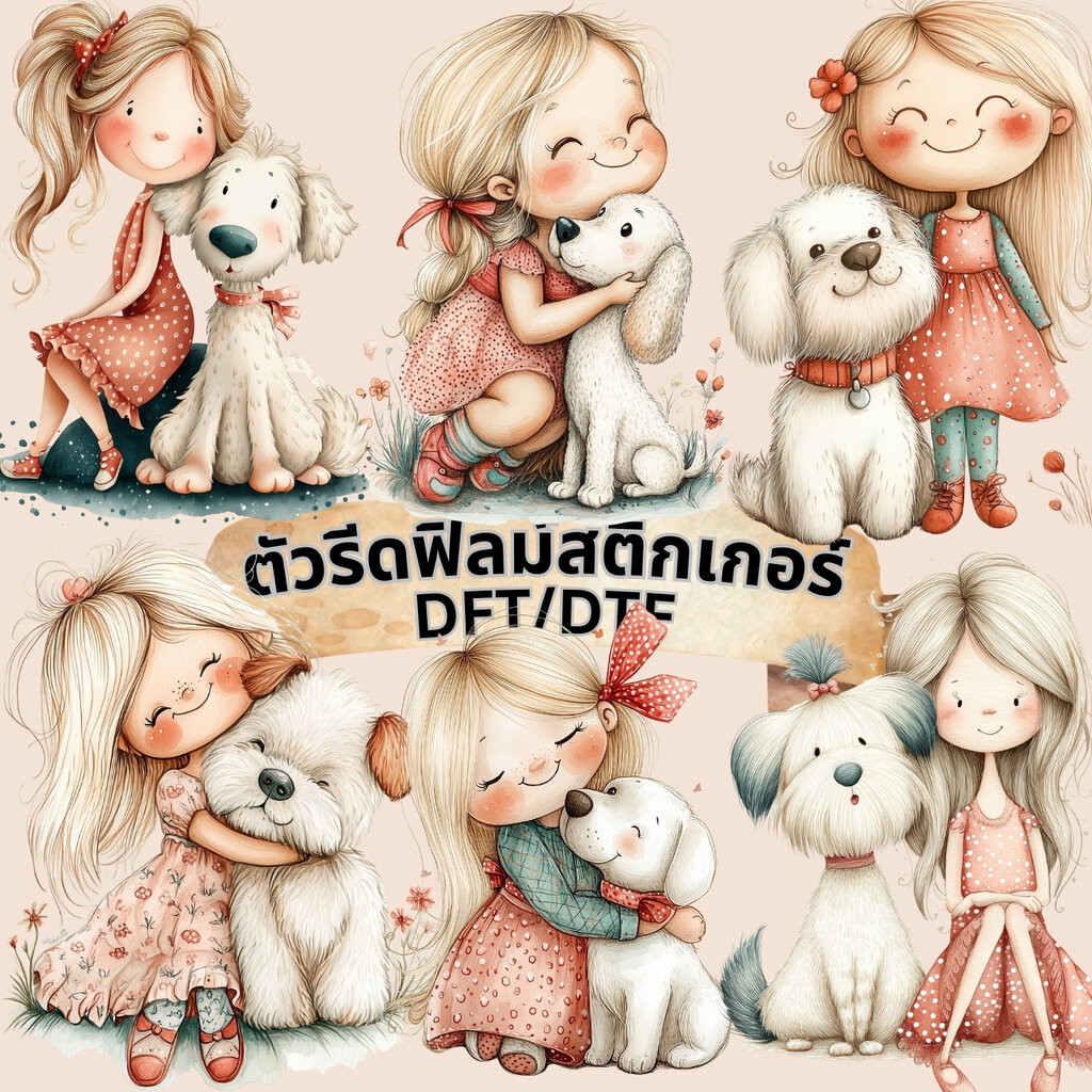 ตัวรีดติดเสื้อ สาวน้อย กะ น้องหมา น่ารัก ฟิลม์รีดร้อน พิมพ์ลาย สกรีนลาย ฟิลม์ DFT DTF