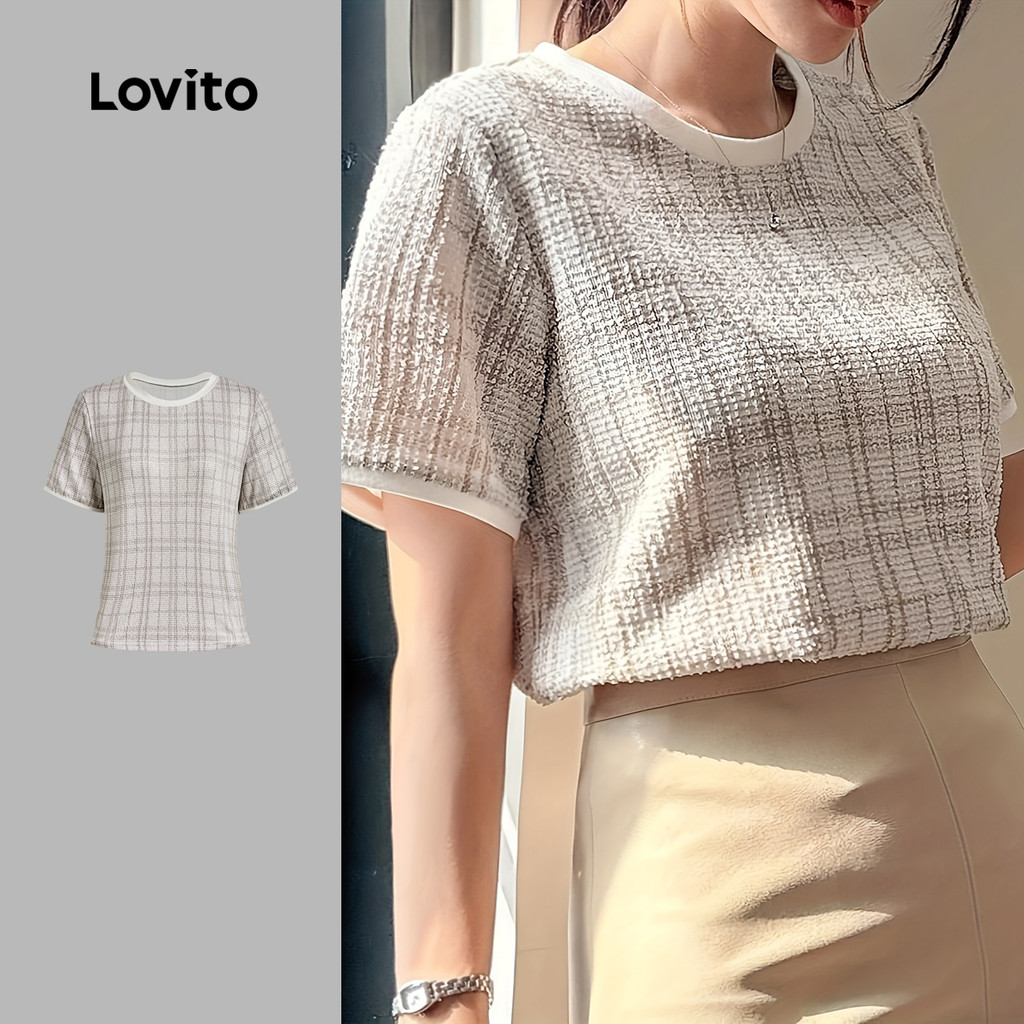 (New) Lovito เสื้อยืดคัลเลอร์บล็อกแบบสบาย ๆ สีเอิร์ธโทนสำหรับหญิงในฤดูใบไม้ผลิ/ฤดูร้อน L143ED105