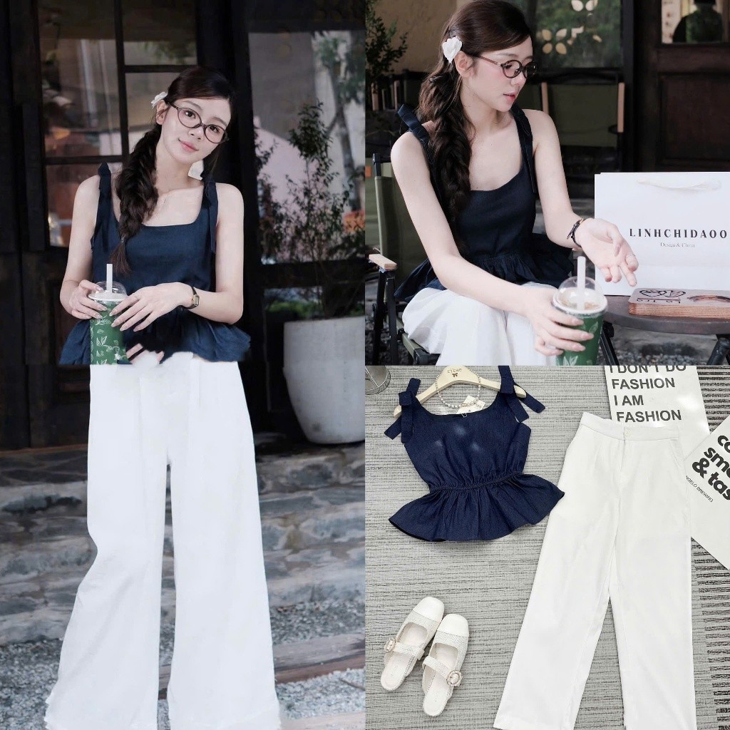 Kie_shop (Hot Item) : ชุดเสื้อเชิ้ตยีนส์ 2 สาย ดีไซน์ไหล่และเอวจับจีบ + กางเกงทรงตรงขากว้างสีขาวไดนา