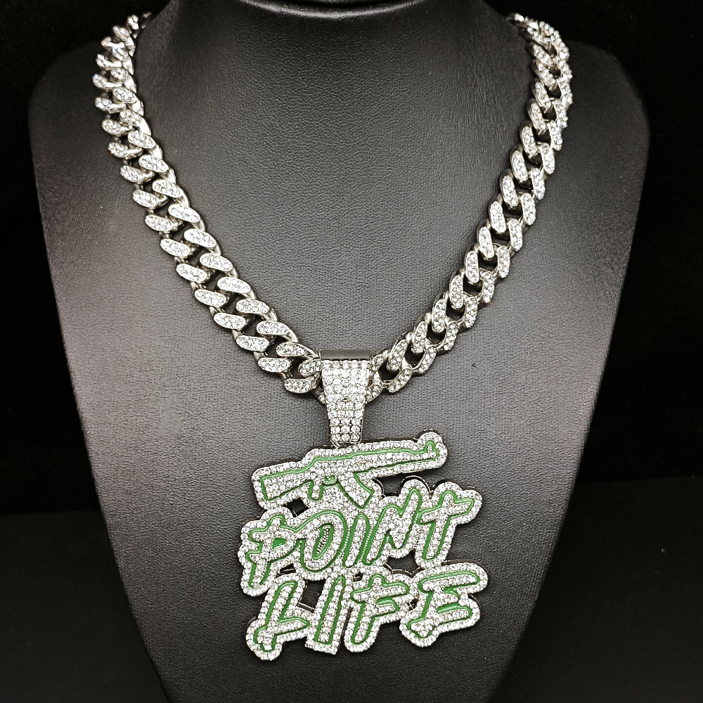POINT LIFE Letter จี้เพชรเต็มฝังโซ่คิวบาอินเทรนด์ Rap Hip Hop สร้อยคอเพชรเต็ม