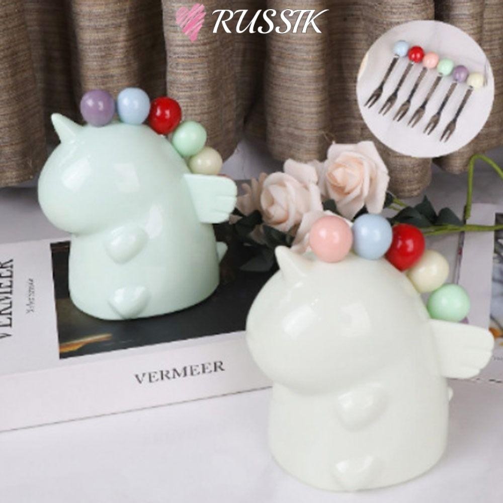 ส้อมจิ้มผลไม้ รุสซิก ชุดส้อมเค้กขนาดเล็กพลาสติกสร้างสรรค์สีสันสดใสพร้อมถังเก็บส้อมขนมในครัวเรือน