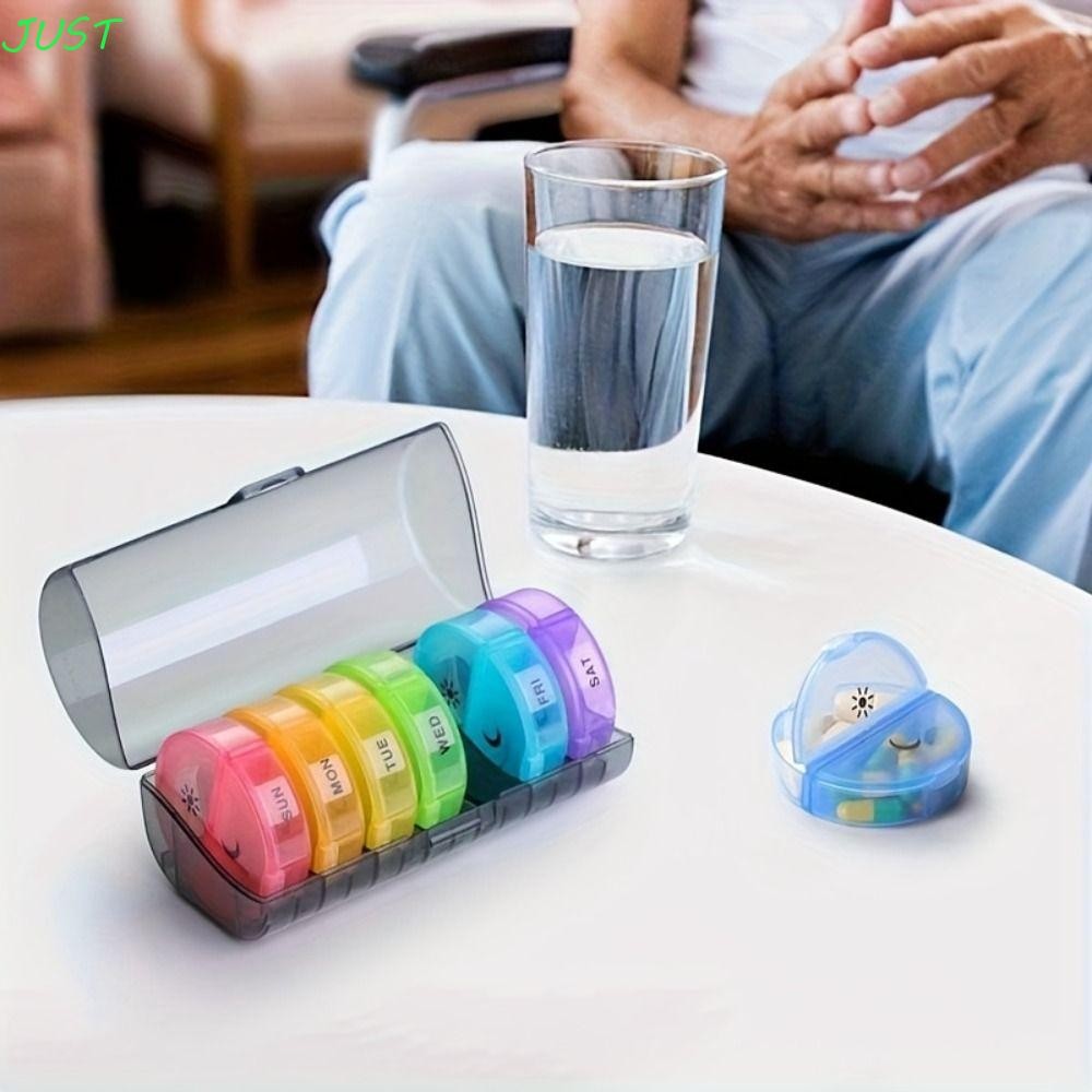 JUST 7-Day Splitter Pill Organizer, คอนเทนเนอร์ยา 14-Grid วิตามินกรณี,ยาแบบพกพาพลาสติก Rainbow Pill 