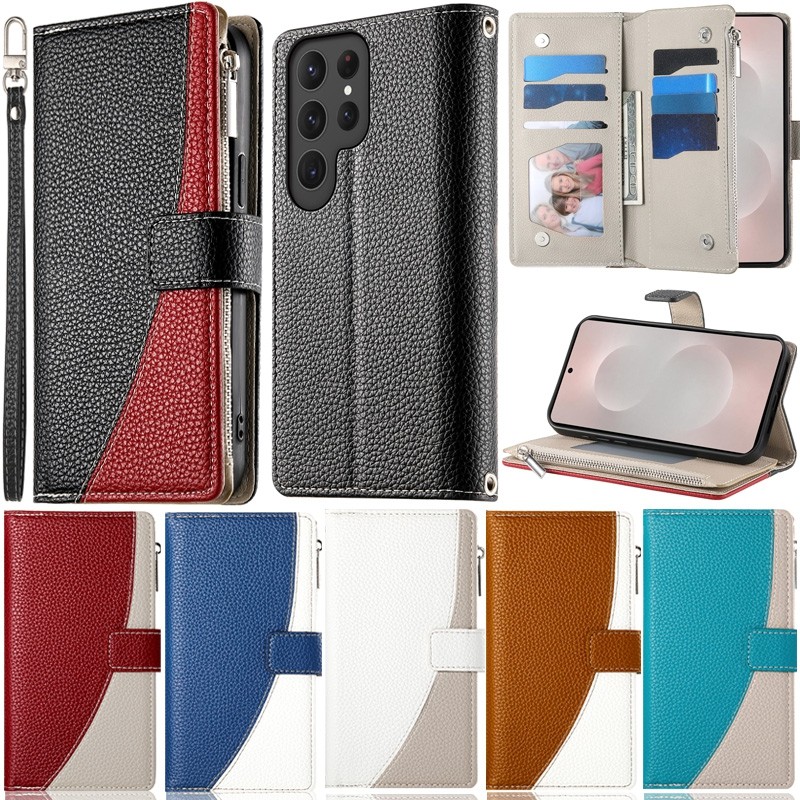 หรูหราสําหรับ Samsung Galaxy S25 Ultra S24 Plus S23 Ultra S24 FE S25 Plus S23 FE S24 Ultra S23 Plus S22 Ultra S21 FE S25 Edge Zipper กระเป๋าสตางค์ Splice หนังฝาครอบ