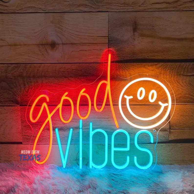 ป้ายนีออนไฟ LED Good Vibes Smiley ตกแต่งห้อง พร้อมไฟนีออนแบบกําหนดเอง