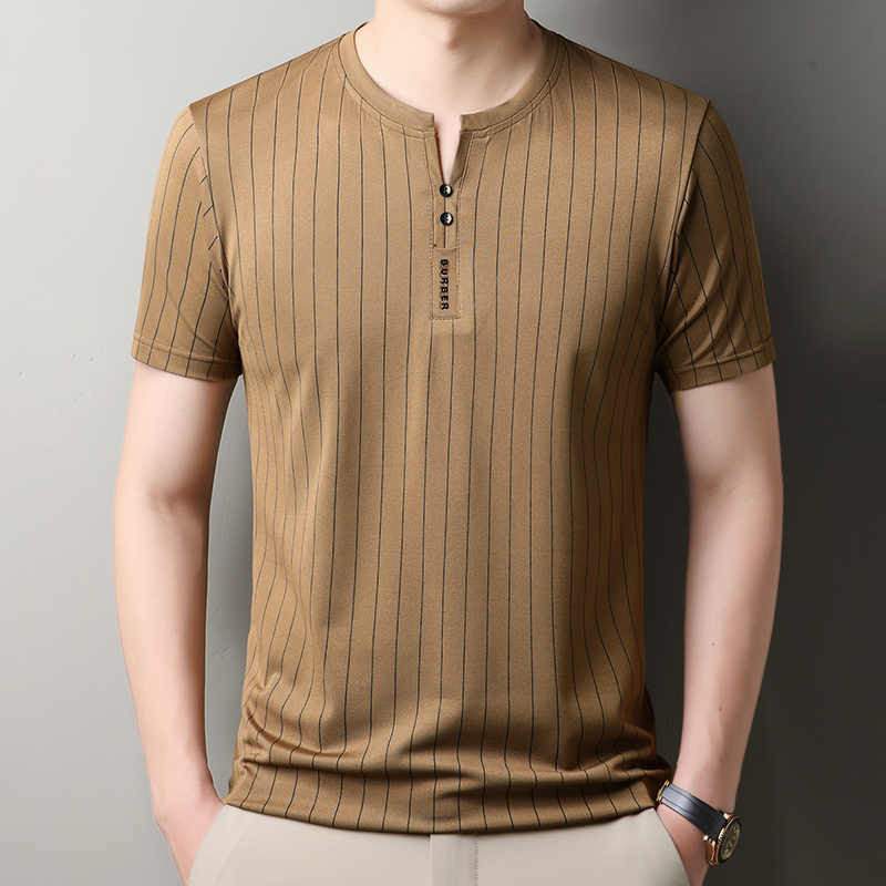 💥BECoolMan💥แขนสั้นลายทางสำหรับผู้ชายฤดูร้อน เสื้อยืดผ้าไหมน้ำแข็ง เสื้อคุณพ่อวัยกลางคน เสื้อโปโลลำลอง