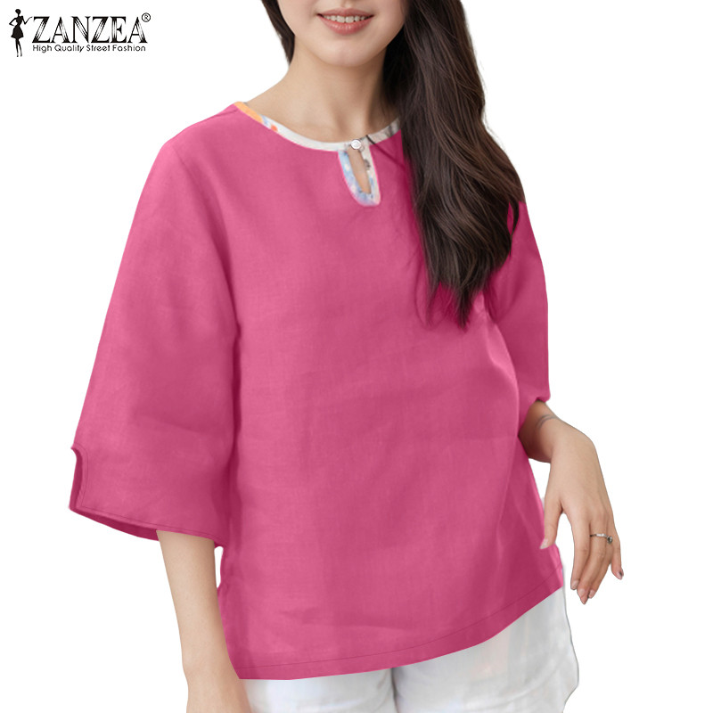 ZANZEA เสื้อเบลาส์สไตล์เกาหลี ทรงกลม กระดุมข้อมือ 3/4 ตัดเย็บลายสลิต การออกแบบอารมณ์คอนทราสท์