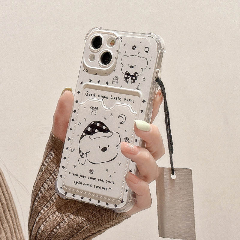 เคสโทรศัพท์ iPhone 15 14 13 12 11 Pro Max Plus X Xr XS Max 7 8 Plus INS น่ารักการ์ตูน Graffiti ตลก Sleeping หมวกหมีน้อยมือถือโซ่แขวนเคสโทรศัพท์ Soft Cove