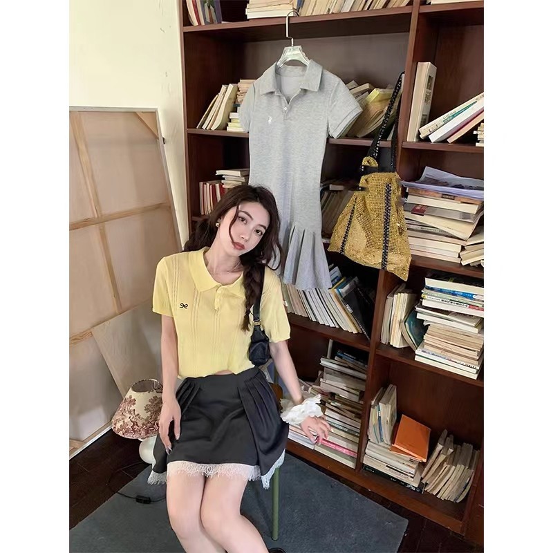 Xiao xiao เกาหลีรุ่น Bowknot ปักเสื้อโปโลแขนสั้นเสื้อกันหนาวฤดูร้อนอายุลด All-Match ขนาดเล็กสั้นผู้หญิงสไตล์อินเทรนด์ Xijia RU6