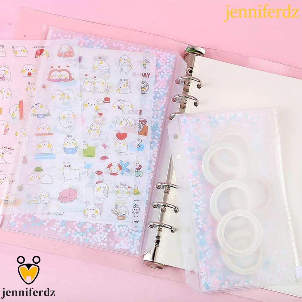Jenniferdz กระเป๋าเครื่องเขียน PVC ลายกลิตเตอร์ 6 รู มีซิป สําหรับโรงเรียน สํานักงาน A5 A6