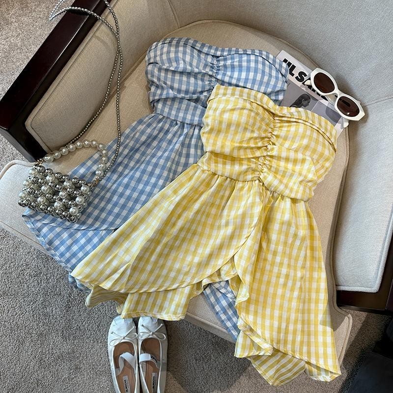 Women's Sweet Fresh Plaid Vest2024Tube Top Outer Wear Summer Irregular Hem Niche Top