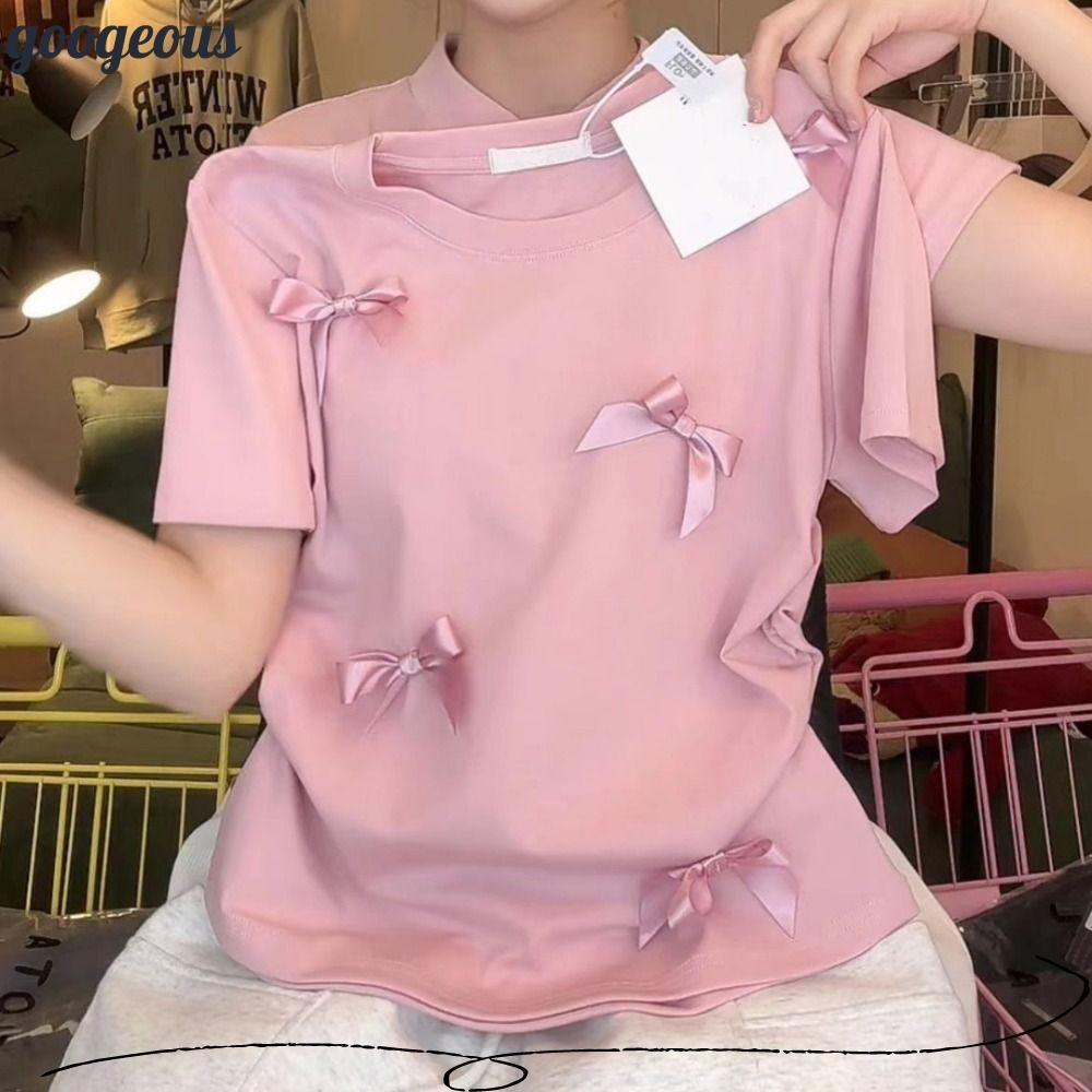 กูเกลัส กุทัณฑ์ ที เสื้อ,แขนสั้นสไตล์ญี่ปุ่นผู้หญิงด้านบน,น่ารักสีทึบรอบคอบัลเล่ต์ริบบิ้นพืชเสื้อกล้ามผู้หญิงสาว