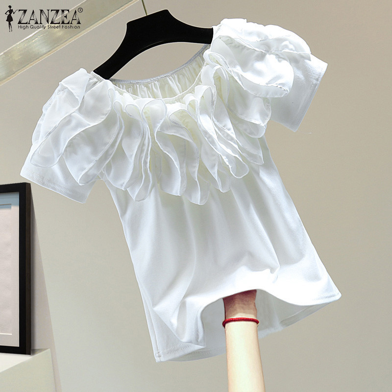 Zanzea เสื้อเบลาส์แขนสั้นคอกลมแฟชั่นเกาหลีสําหรับผู้หญิง