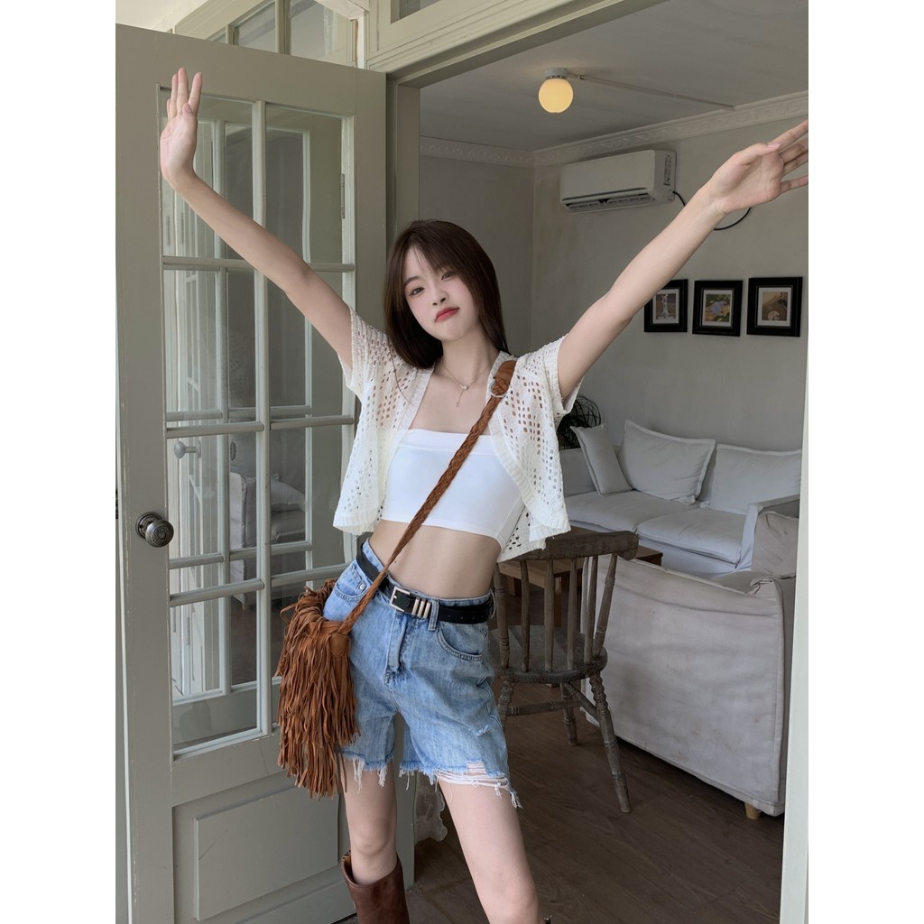 Gakki เสื้อคลุมแขนสั้น เสื้อแจ็คเก็ตสตรีคาร์ดิแกนกันแดดถักกลวงแขนสั้นผู้หญิง ฟรีไซส์ พร้อมส่ง 2124# - รูปที่ 3