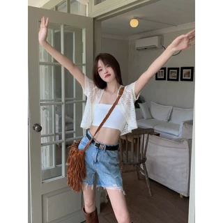 Gakki เสื้อคลุมแขนสั้น เสื้อแจ็คเก็ตสตรีคาร์ดิแกนกันแดดถักกลวงแขนสั้นผู้หญิง ฟรีไซส์ พร้อมส่ง 2124#