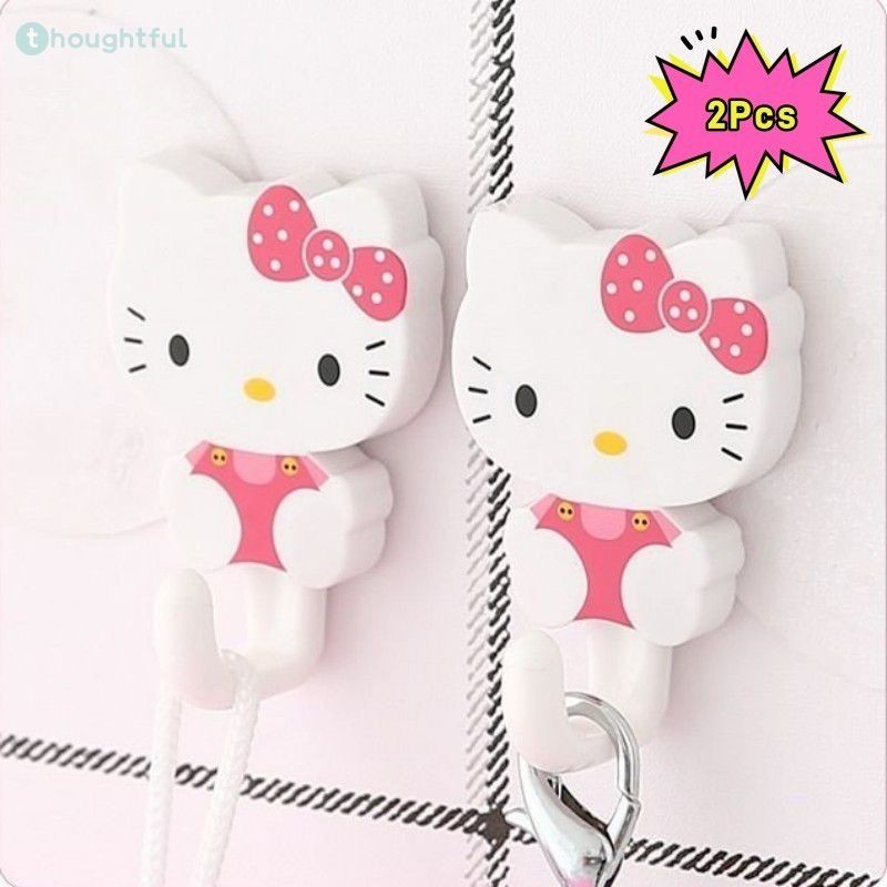 2 ชิ้น Hello Kitty ตะขอการ์ตูนน่ารักบ้านห้องน้ำผ้าเช็ดตัวตะขอเหนียวแขวนวัสดุผนังเหนียวชั้นวางตะขอ TH