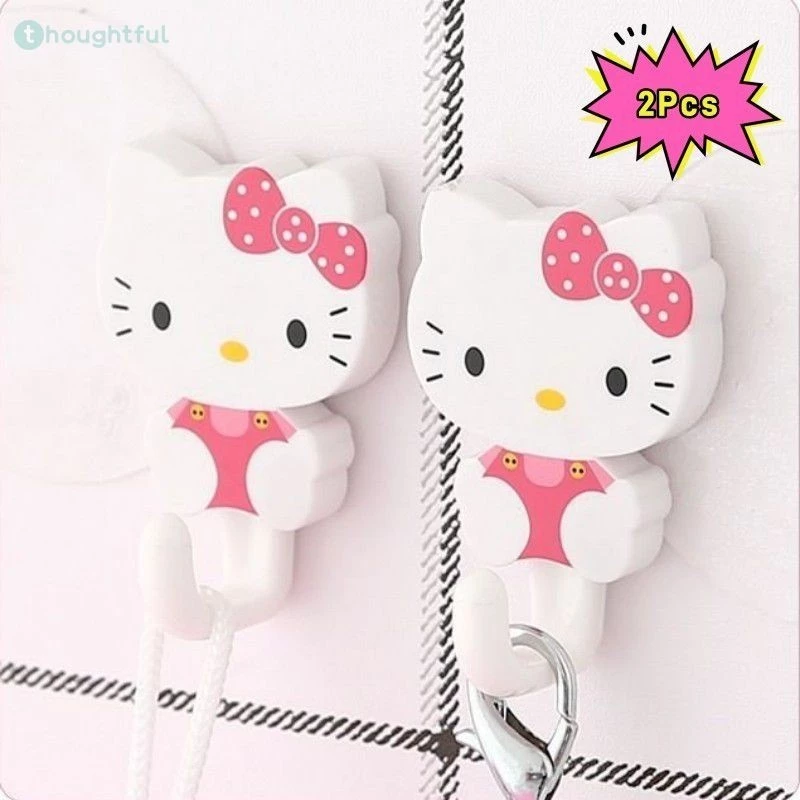 2 ชิ้น Hello Kitty ตะขอการ์ตูนน่ารักบ้านห้องน้ำผ้าเช็ดตัวตะขอเหนียวแขวนวัสดุผนังเหนียวชั้นวางตะขอ TH