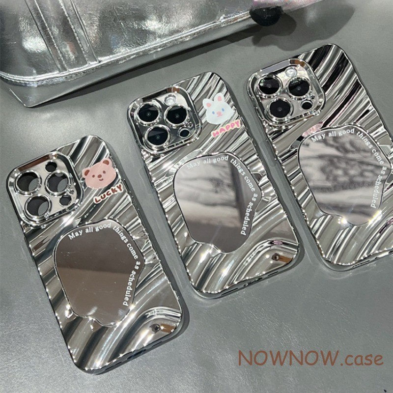 สําหรับ iPhone 15 14 13 12 11 Pro MAX X XR XS MAX 7 8 PluINS Electroplating cool กระจกแต่งหน้าแบบพกพาเคสโทรศัพท์หมีกระต่าย Lucky Happy ปกอ่อน