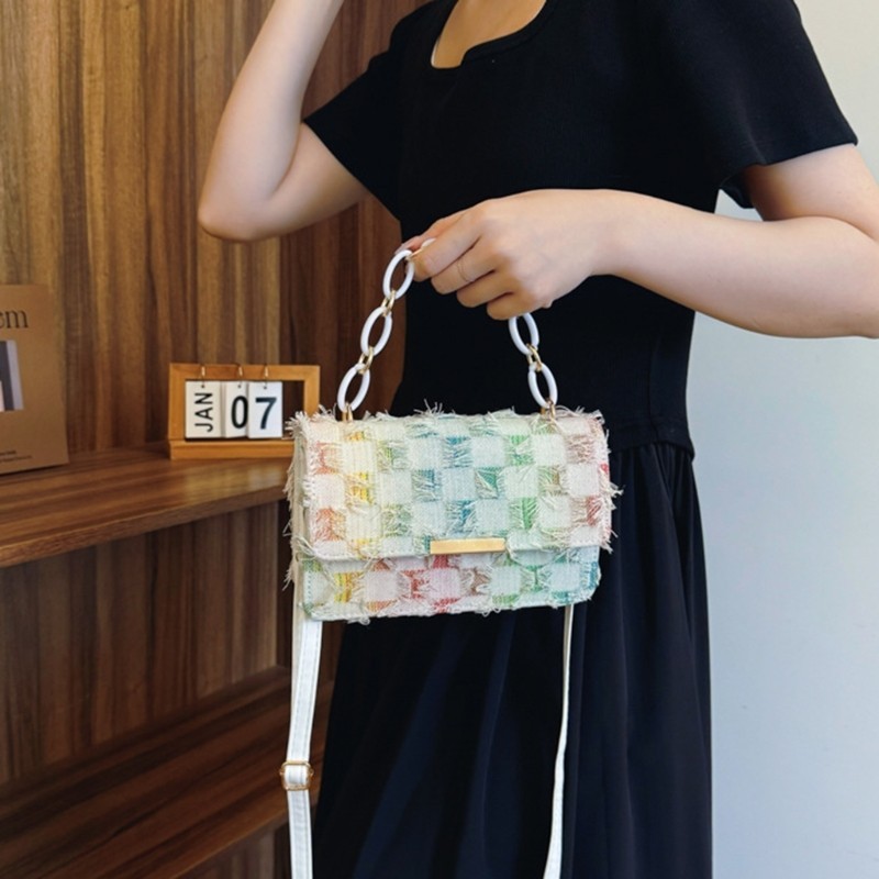 Sweetyvic Checkered กางเกงยีนส์ Flap กระเป๋าสะพายกระเป๋าถือโซ่ปรับสายรัด Denims Tassels กระเป๋าสะพายข้างสําหรับ