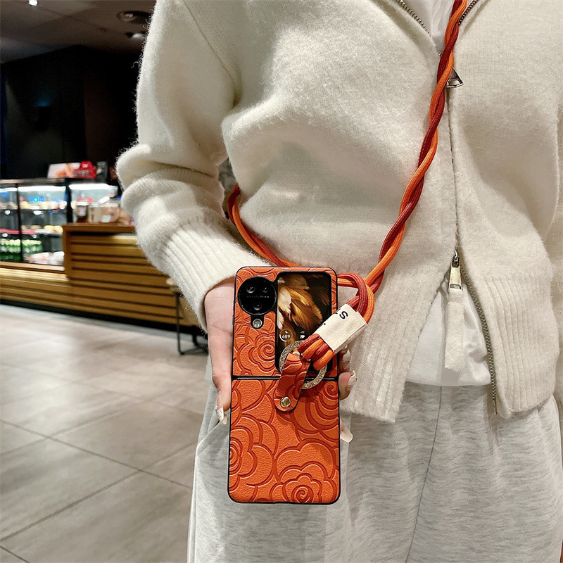 สําหรับ OPPO Find N3 Flip, Find N2 Flip, เคสโทรศัพท์แบบพับได้ดอกเคมีเลียแบบแขวน, ฝาครอบป้องกันป้องกันการตกแบบหนังคุณภาพสูง - รูปที่ 5