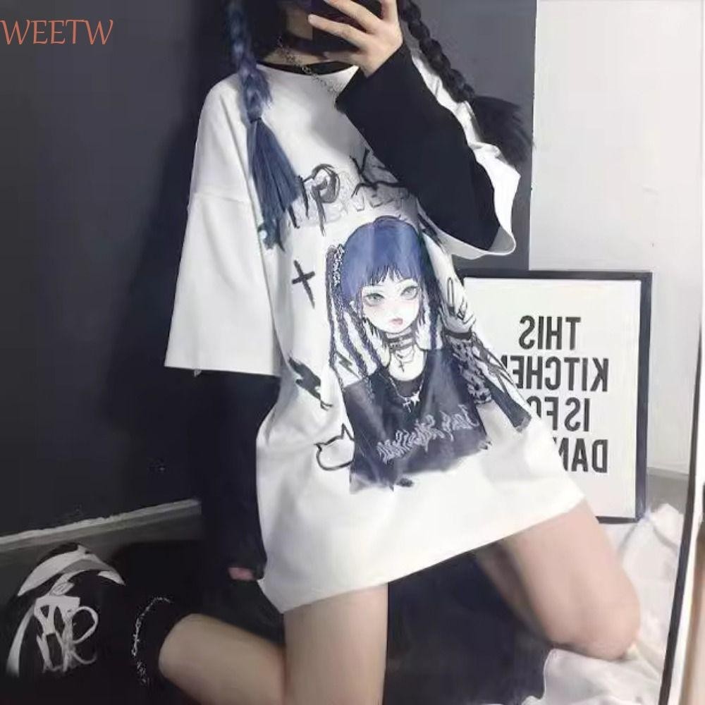 Weekw Gothic Top เสื้อยืดเสื้อผ้า,การ์ตูน Dark Girl แขนสั้น,แฟชั่นสไตล์โกธิค Oversize Punk Hip-Hop หลวมท็อปส์นักเรียน