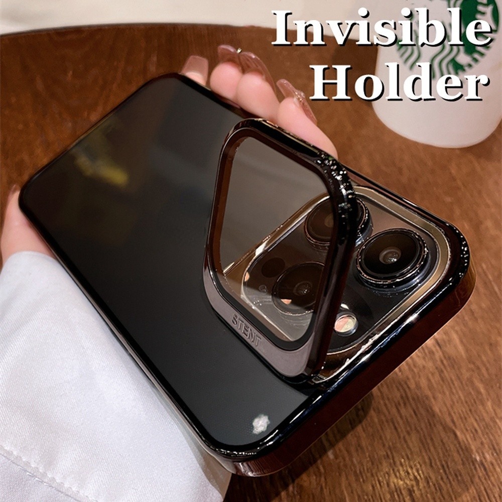 Flip Lens Glass Protector Clearเคสโทรศัพท์สําหรับiPhone 15 12 13 14 Pro Max 15 Plus PCกันชนที่มองไม่เห็นผู้ถือขาตั้งปลอกสําหรับiPhone