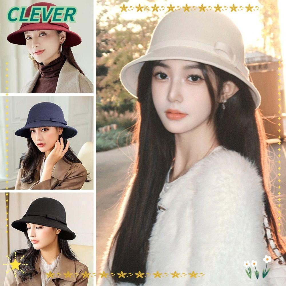 Clever หมวกปานามา, หมวก Fedora สักหลาดวินเทจนุ่ม, ฤดูใบไม้ร่วงฤดูหนาว Bowknot Elegant Dome Bucket Cap สําหรับผู้หญิง